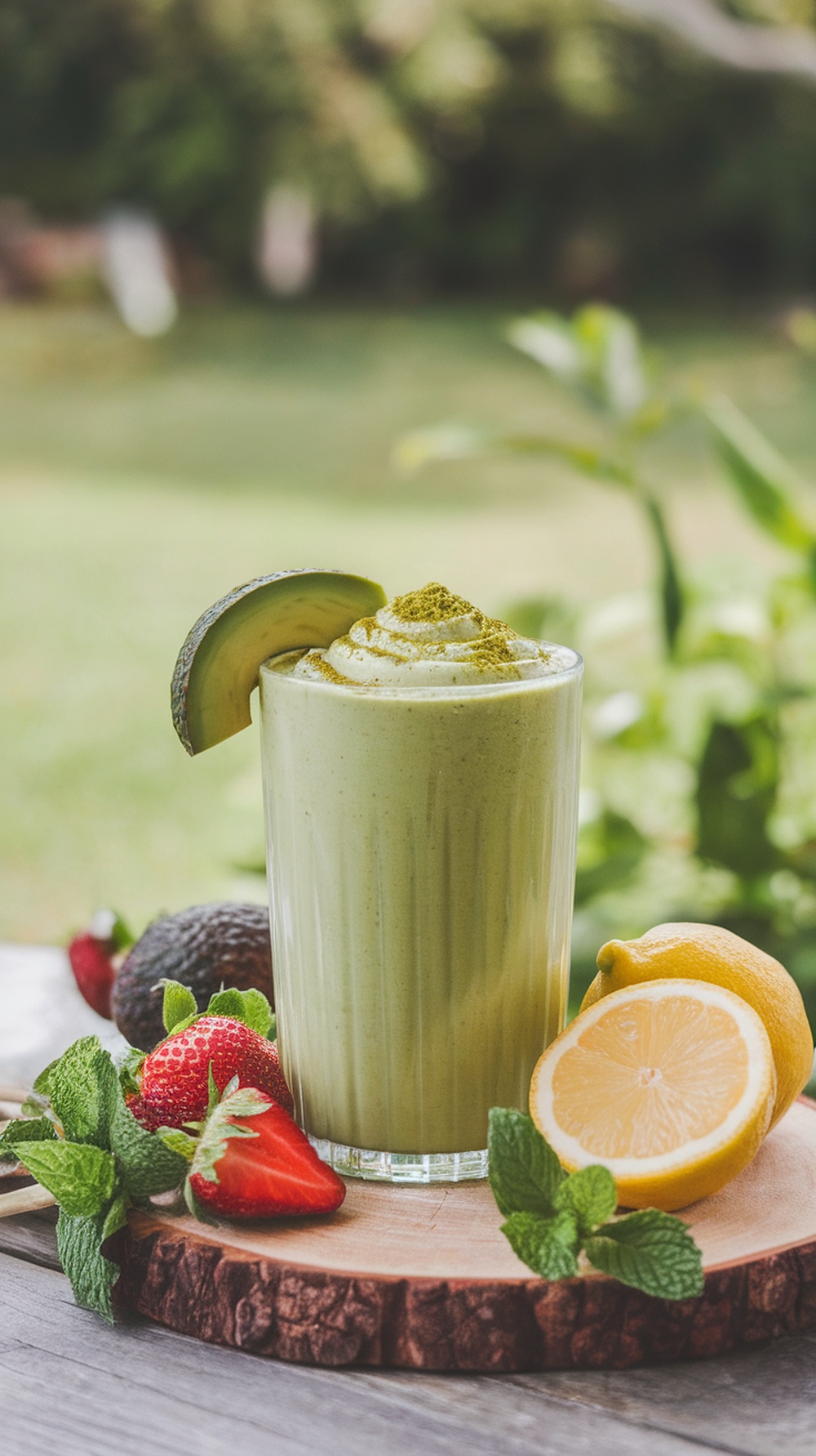 A glass of Matcha Avocado Cream Smoothie surrounded by fresh strawberries, avocado, lemon, and mint.