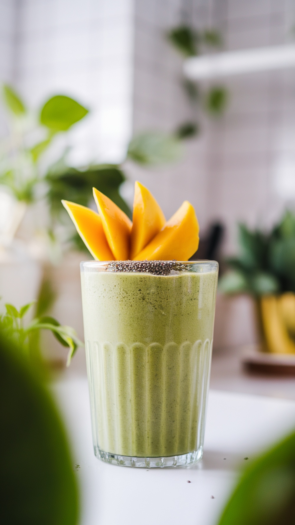 A glass of Matcha Mango Morning Smoothie topped with mango slices and chia seeds.