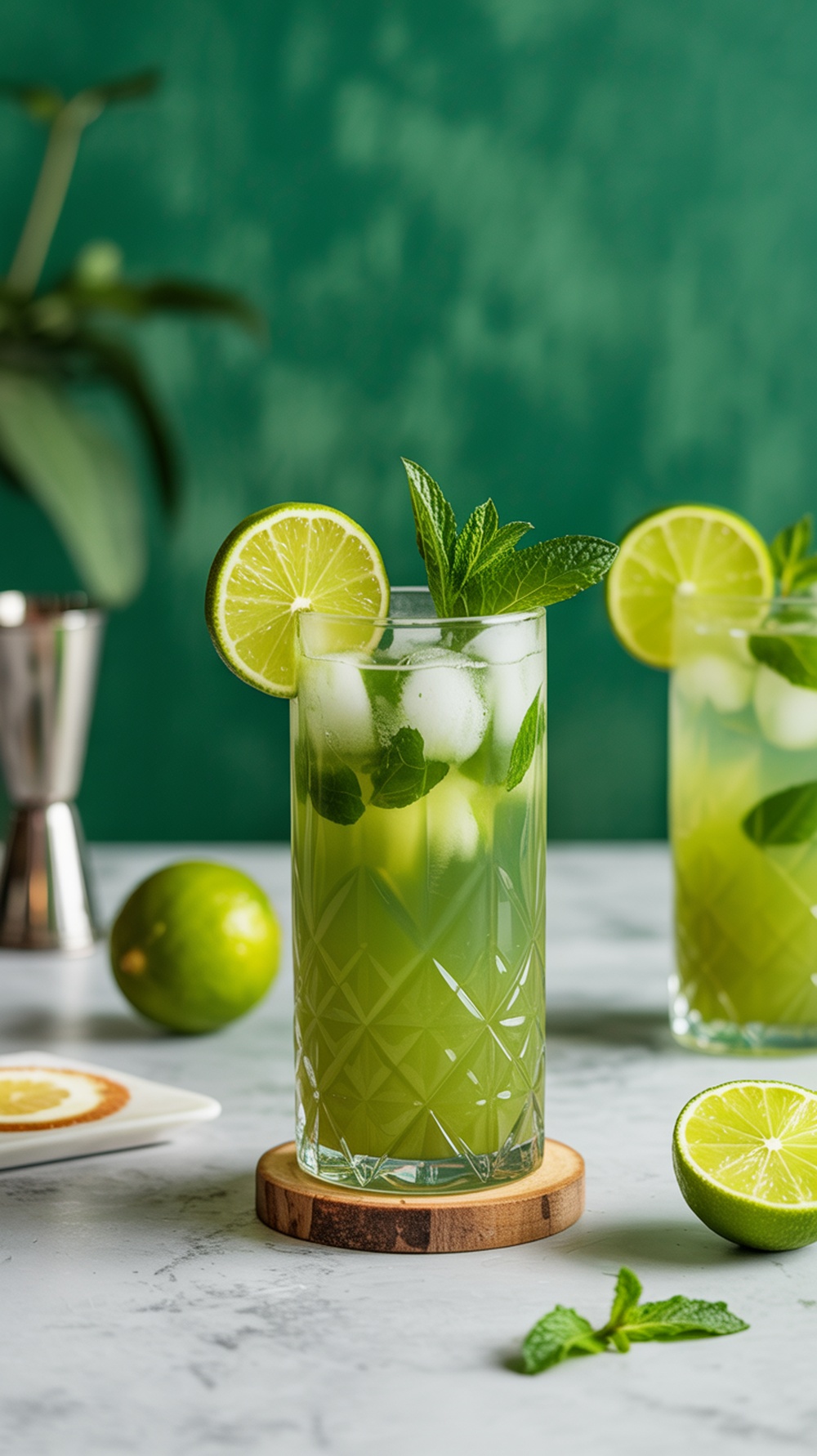 A refreshing Matcha Mint Fizz Mocktail garnished with mint and lime slices.
