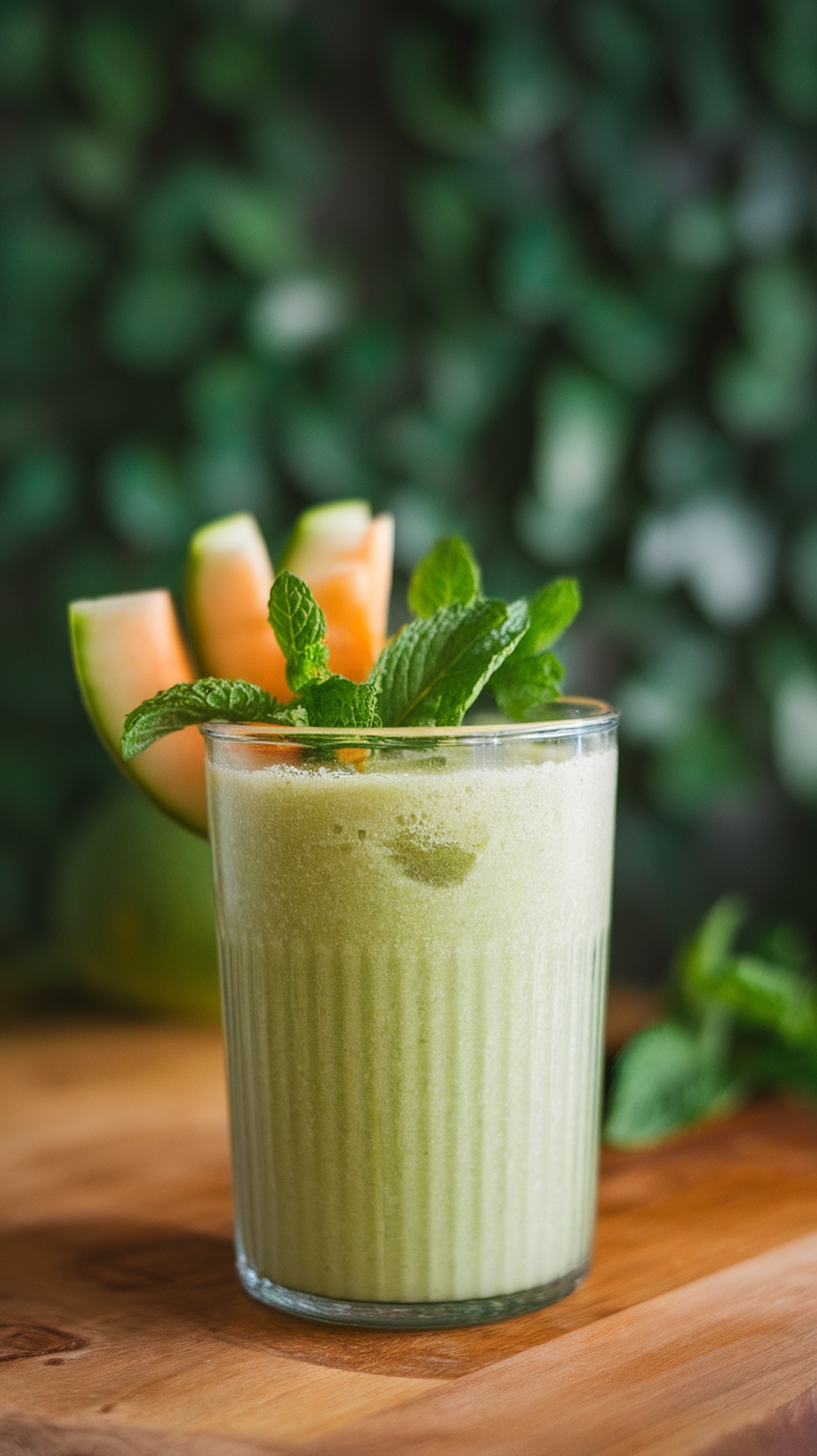A refreshing green smoothie with mint and melon garnished with mint leaves