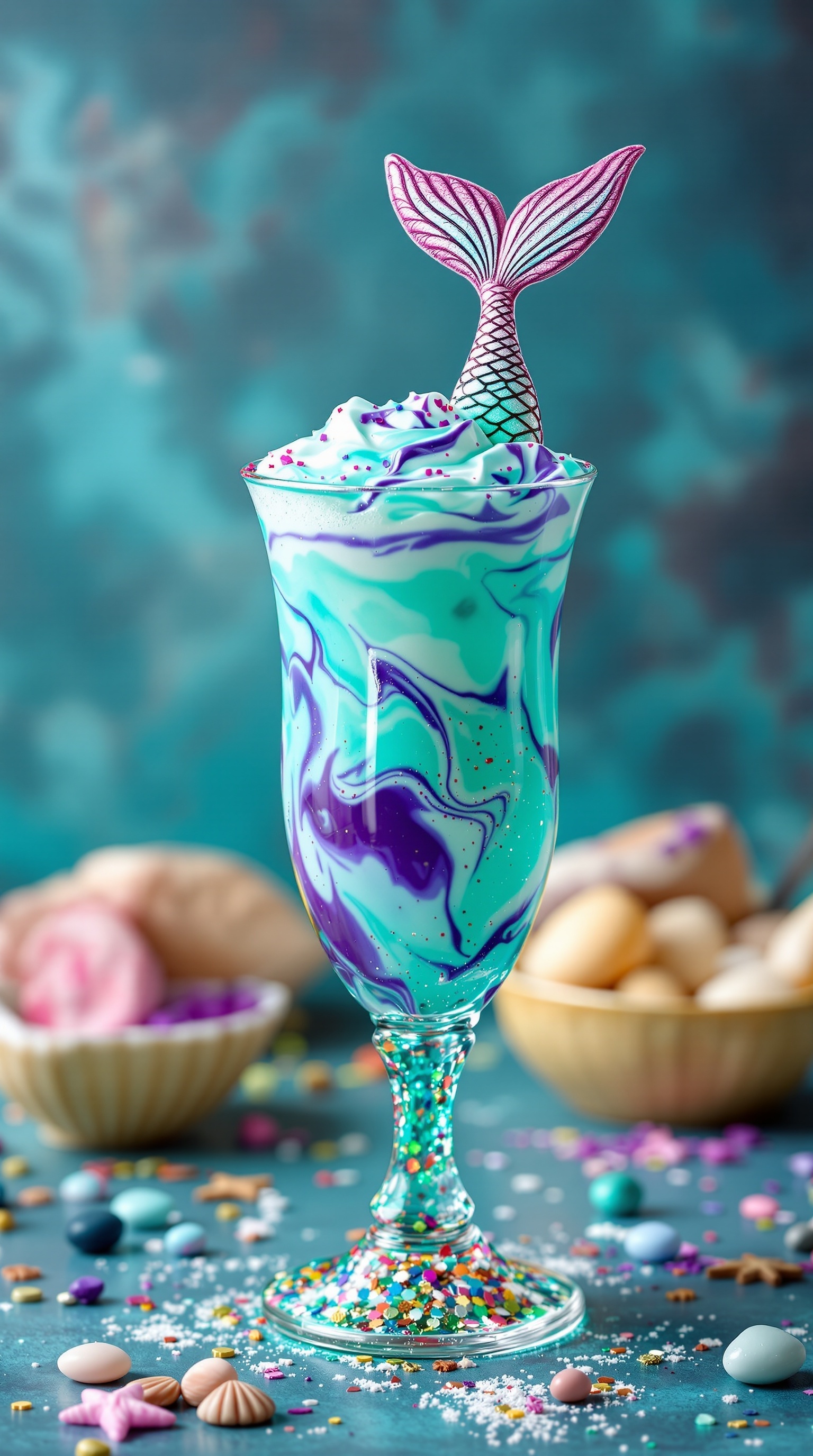 A colorful mocktail with a mermaid tail decoration on top.