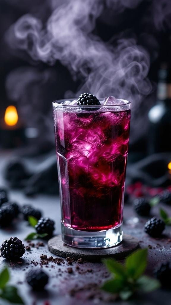 A glass of Midnight Mist Blackberry Mocktail with blackberries and smoke effect.