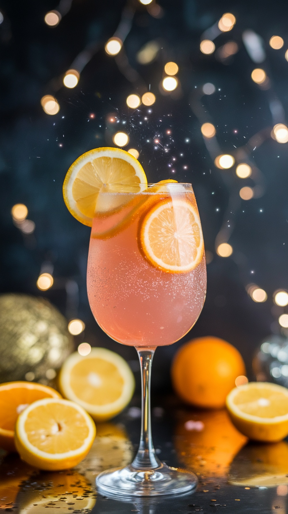 A sparkling citrus mocktail with lemon slices, surrounded by oranges and festive lights.