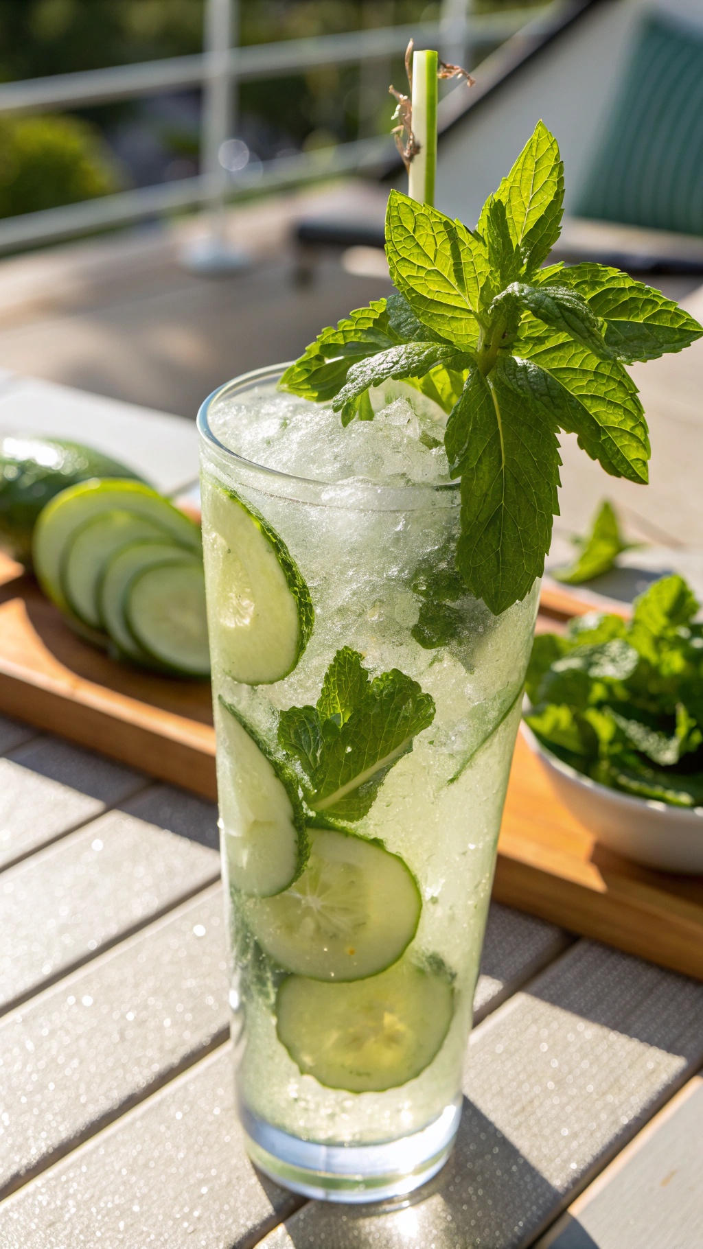 A refreshing mint cucumber mocktail garnished with mint leaves and cucumber slices