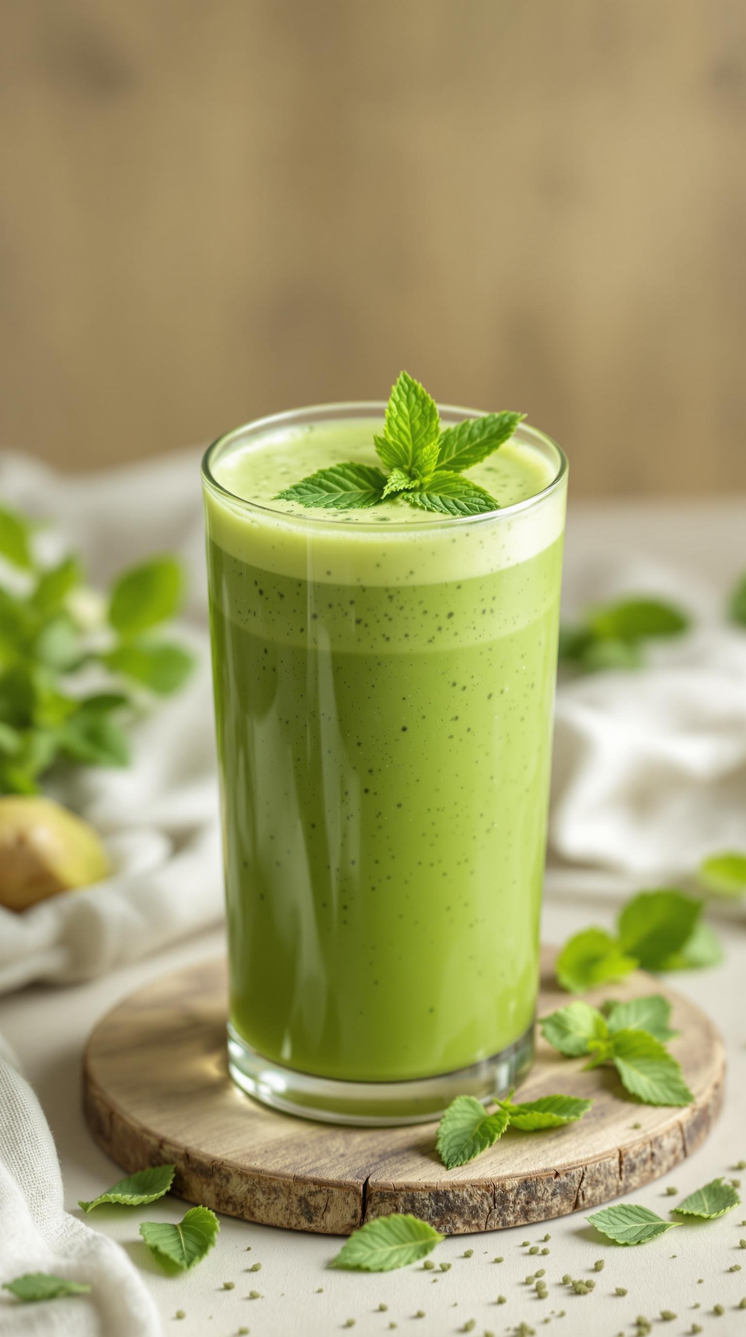 A refreshing mint green tea fasting smoothie in a glass with mint leaves on top.