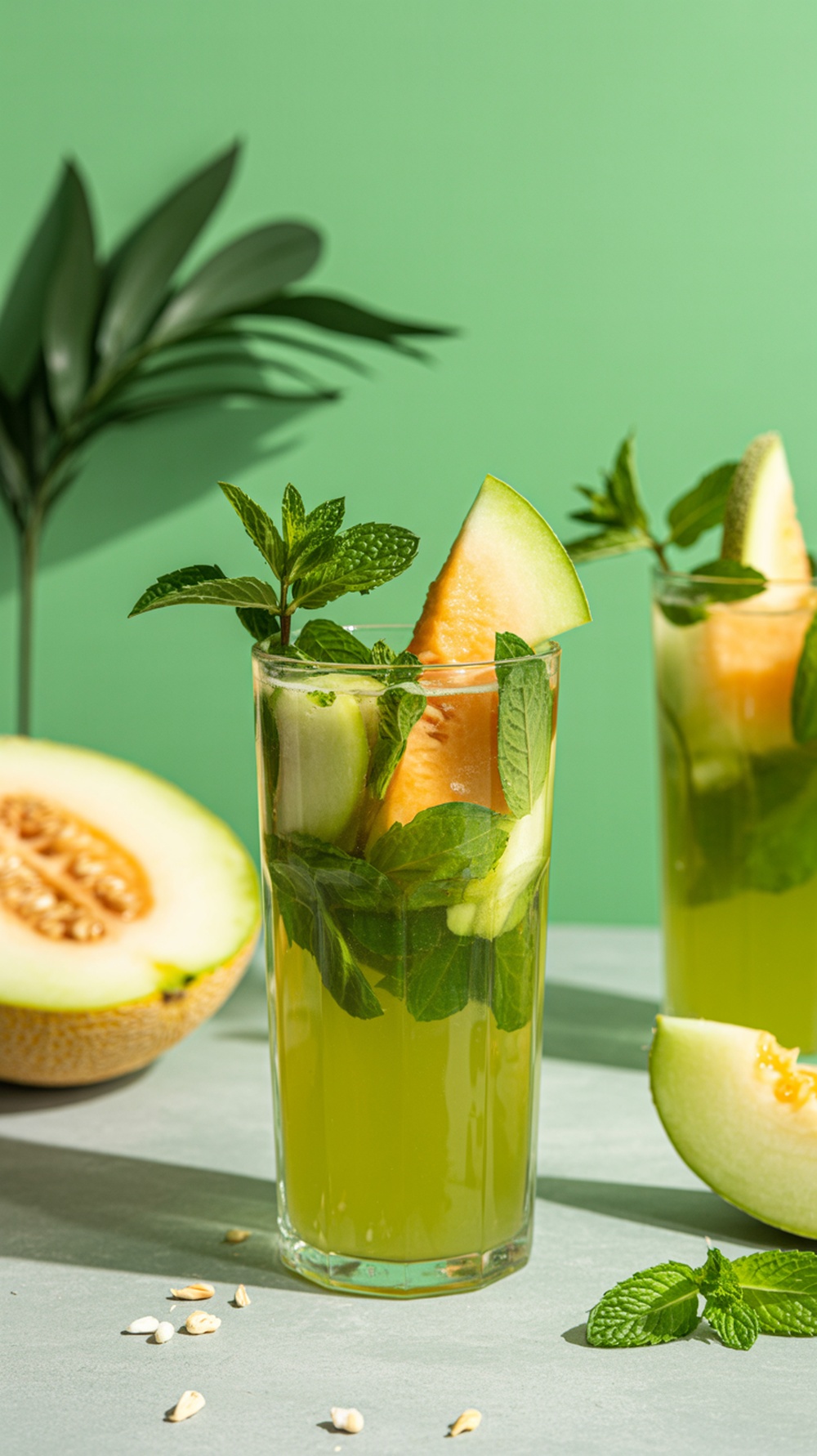 A refreshing Minted Melon Splash Mocktail with mint leaves and melon slices.