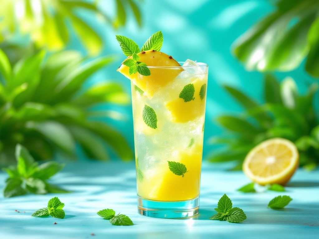 A refreshing Minted Pineapple Citrus Mocktail garnished with mint leaves and pineapple slices.