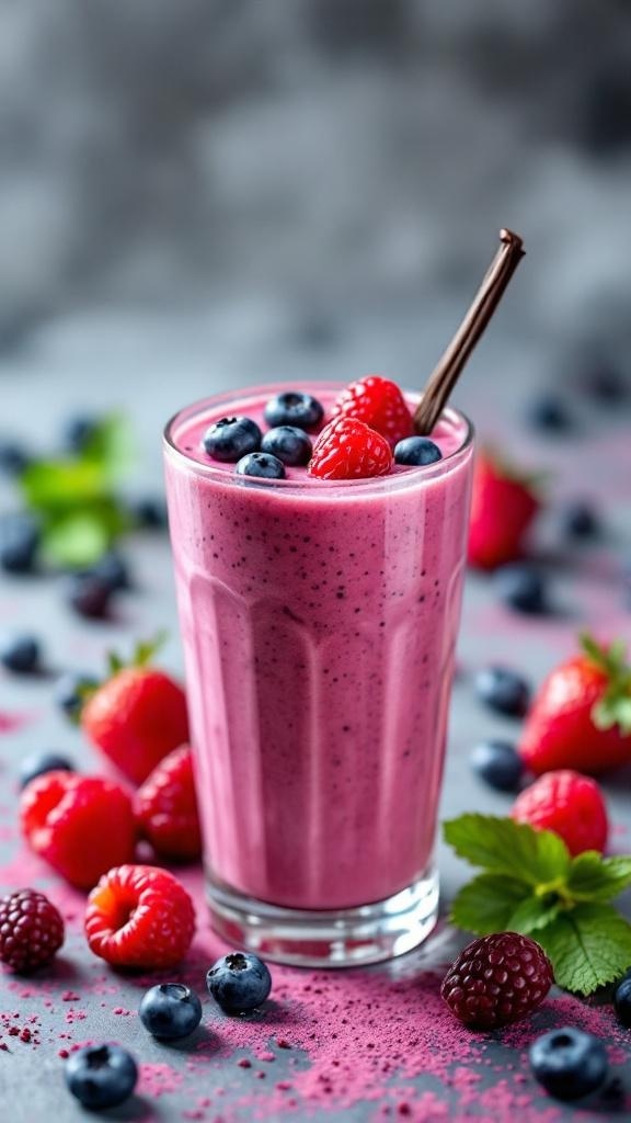 A delicious mixed berry vanilla smoothie in a glass, topped with fresh berries.