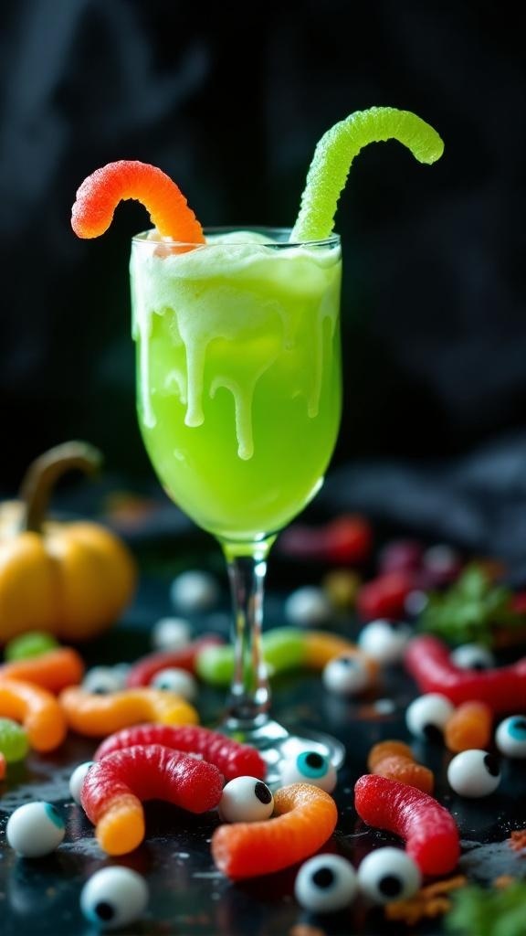 A green mocktail with gummy worms on the rim, surrounded by colorful candy and eyeball decorations.