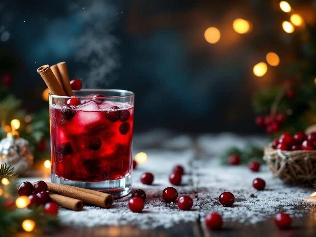 A glass of mulled cranberry mocktail with cinnamon sticks and cranberries, surrounded by holiday decorations.