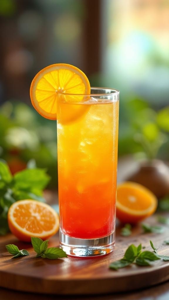 A colorful Noquila Sunrise Mocktail garnished with an orange slice.