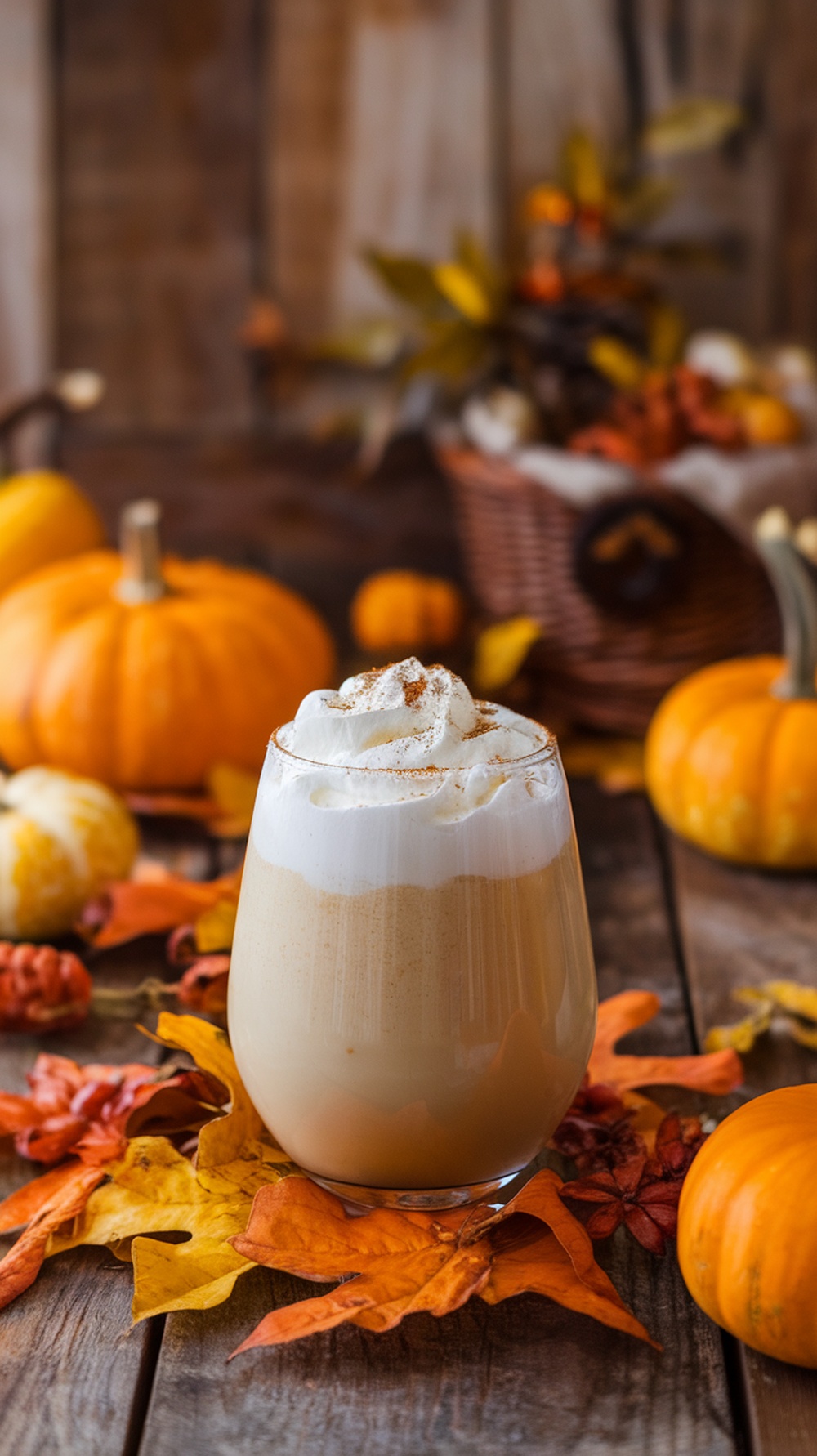 A Nutmeg Cream Mocktail with whipped cream and nutmeg on top, surrounded by autumn leaves and pumpkins.