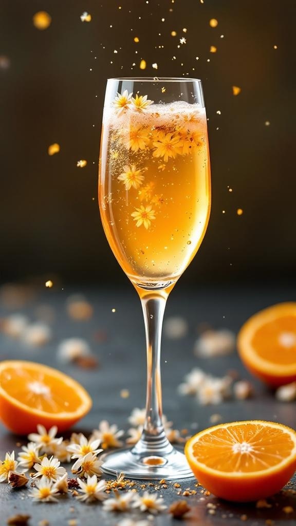 A glass of Orange Blossom Fizz Mocktail with flowers and orange slices around it.