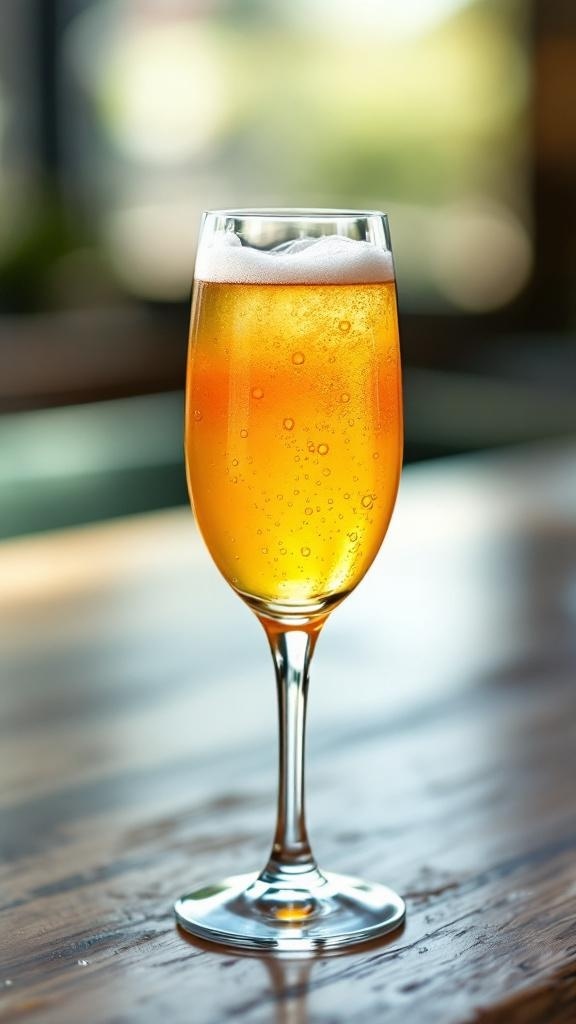 A glass of Orange Sunrise Mimosa Mocktail with bubbles and a vibrant orange color.