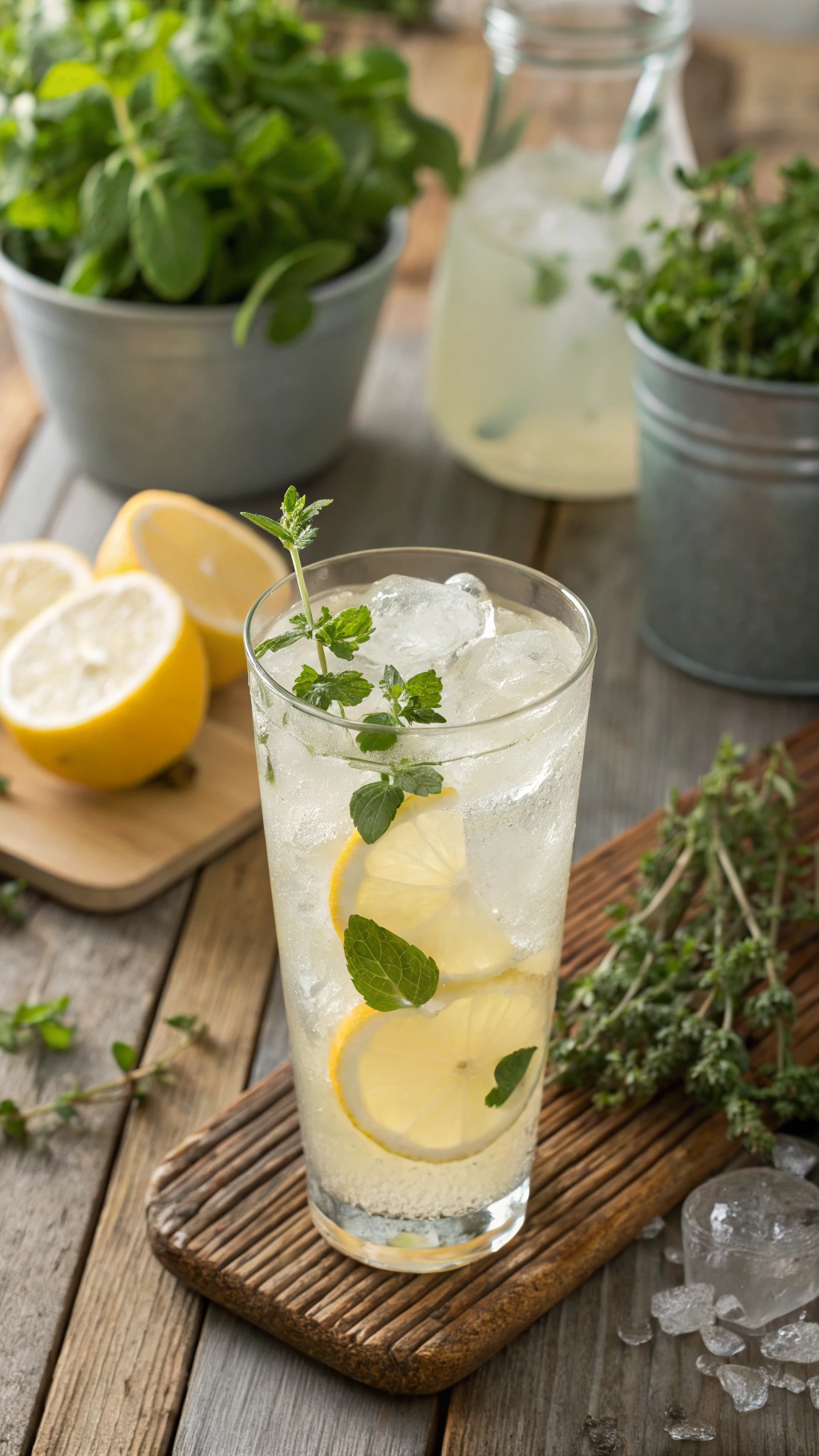 A refreshing glass of Oregano Lemonade Spark Mocktail with lemon slices and herbs.