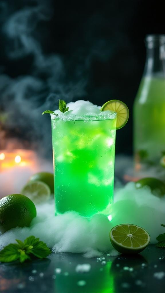 A vibrant green mocktail with lime and mint, surrounded by fog and limes.