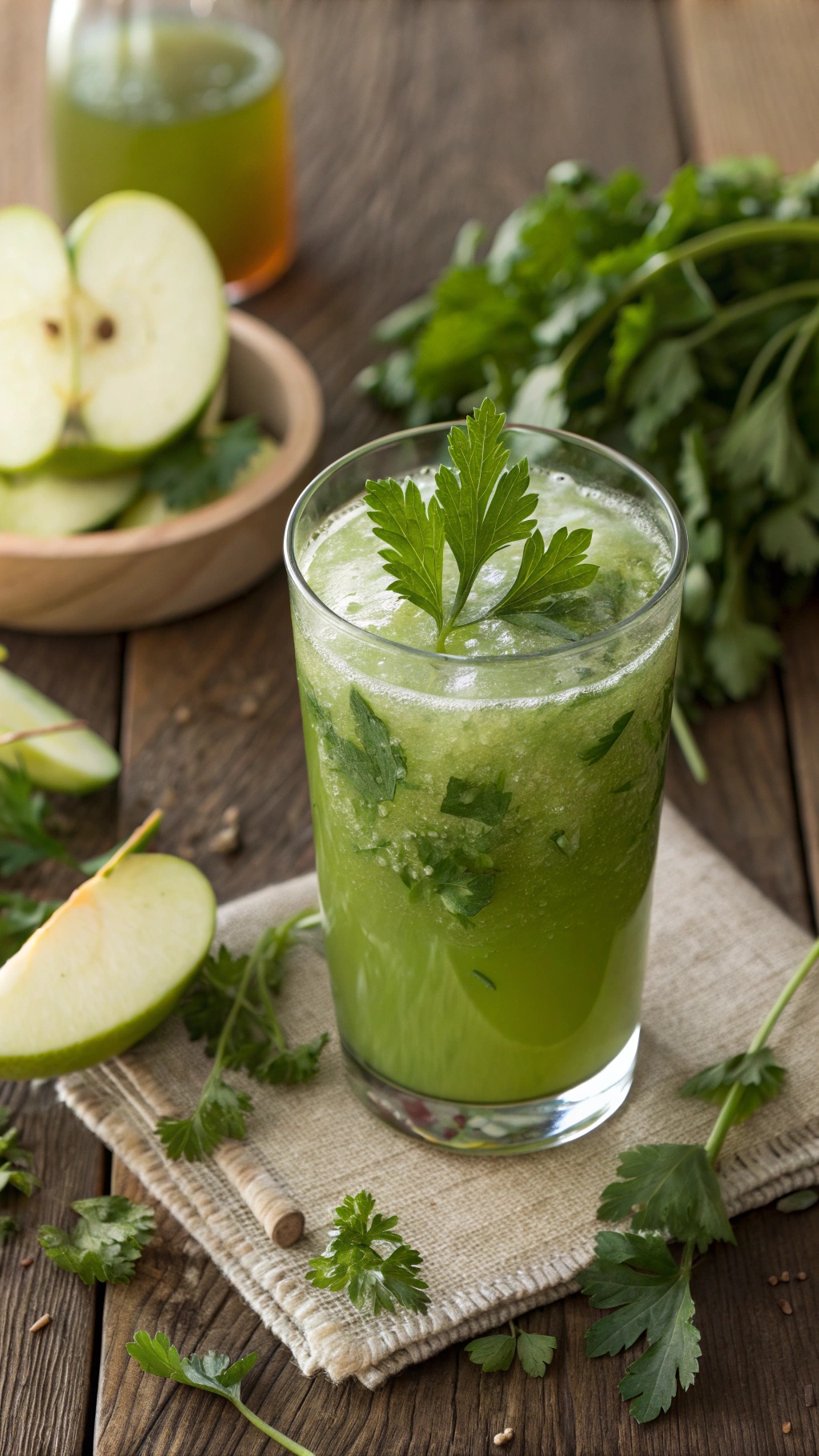 A refreshing Parsley Green Apple Mocktail garnished with parsley leaves, surrounded by green apple slices.