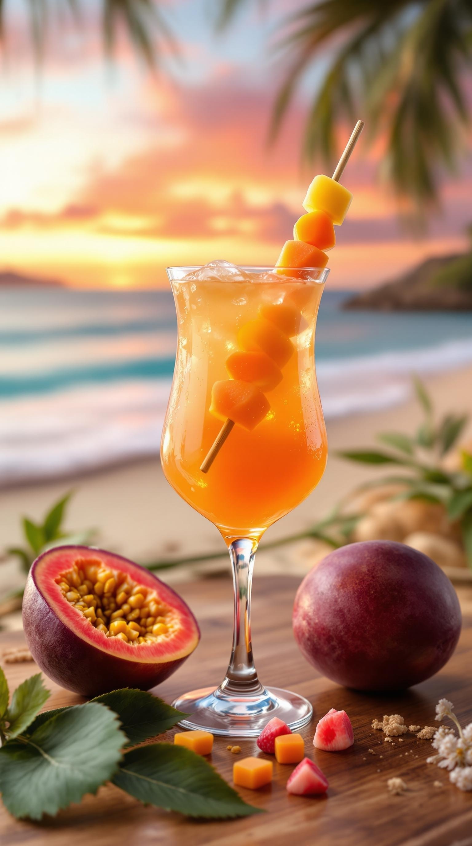 A vibrant Passionfruit Papaya Island Mocktail with tropical fruits and a beach background