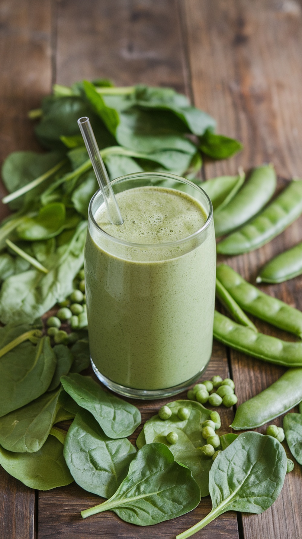 A green smoothie made with spinach and pea protein, surrounded by fresh spinach leaves and pea pods.