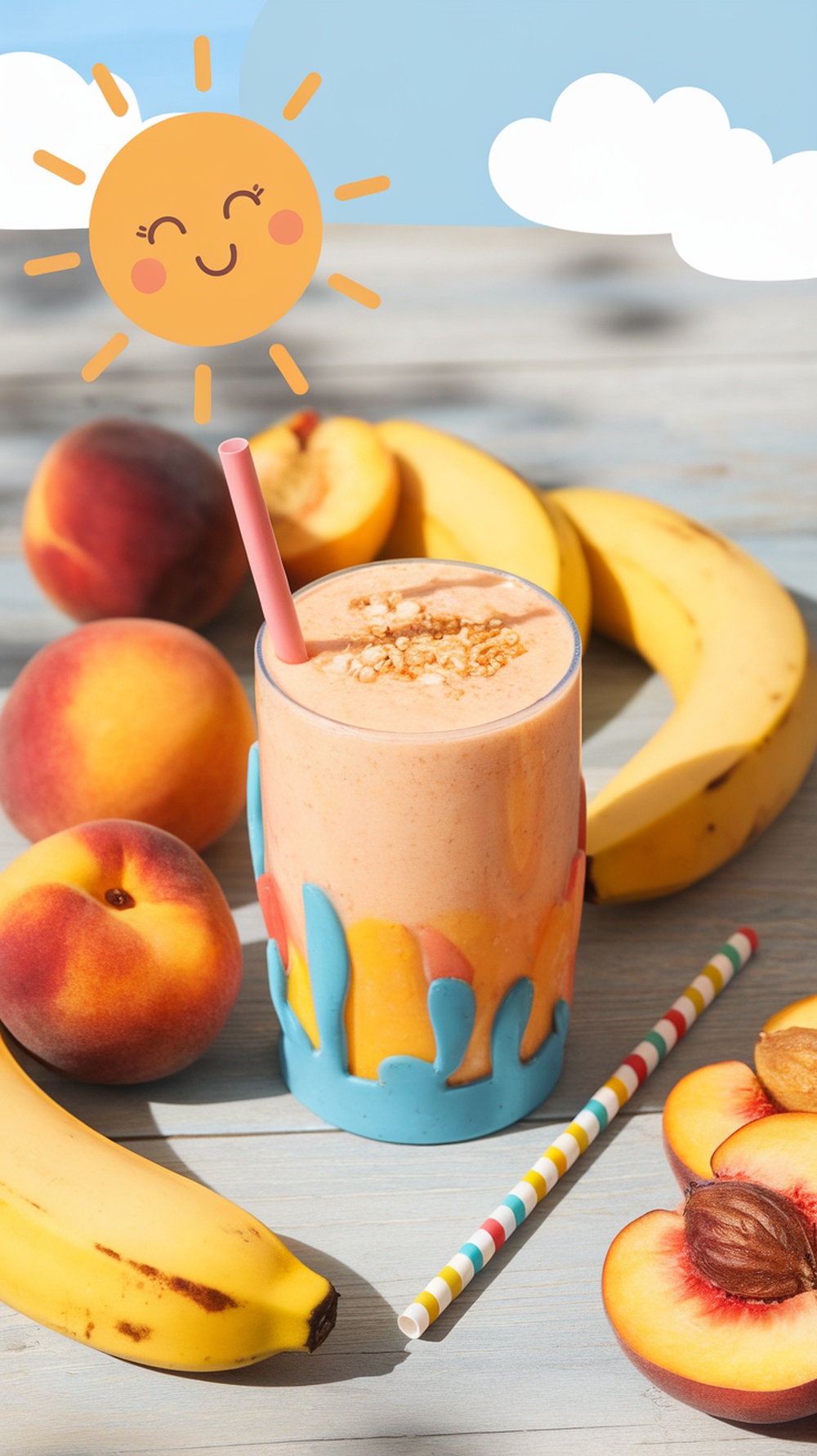 A colorful smoothie with peaches and bananas, topped with a smiling sun graphic.