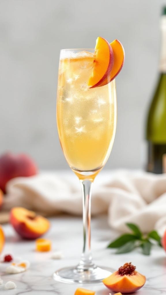 A Peach Bellini Sparkle Mocktail in a tall glass, garnished with peach slices, surrounded by fresh peaches.