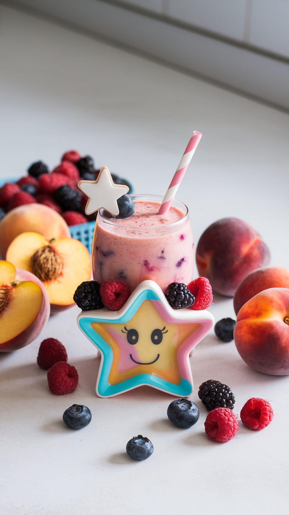 A colorful smoothie with peaches and berries in a star-shaped cup.