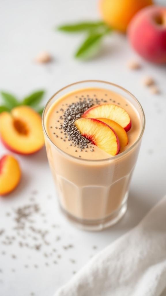 A peach chia seed smoothie in a glass, topped with peach slices and chia seeds, with fresh peaches in the background.