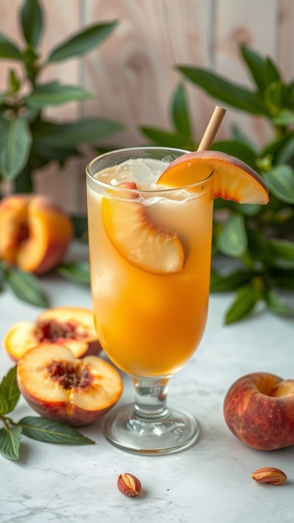 A refreshing Peach Honey Bump Mocktail in a glass with peach slices and nuts around it.