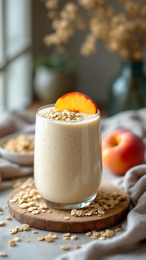 A glass of Peach Oatmeal Energy Smoothie garnished with a peach slice and oats.