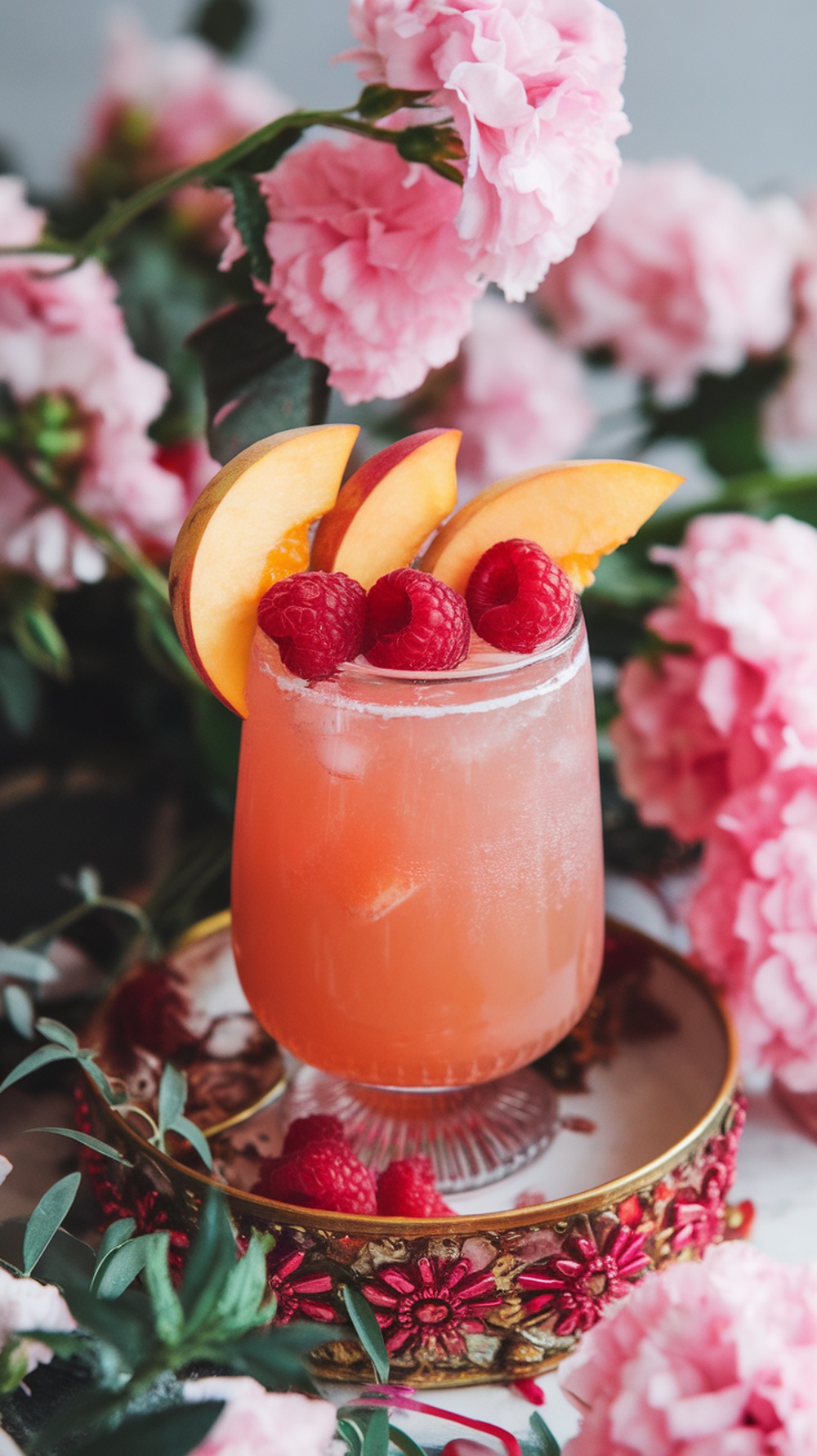 A refreshing peach raspberry mocktail garnished with peach slices and raspberries, surrounded by pink flowers.