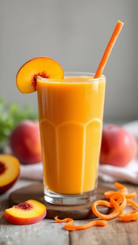 A refreshing peachy carrot smoothie in a glass with a peach slice on the rim.