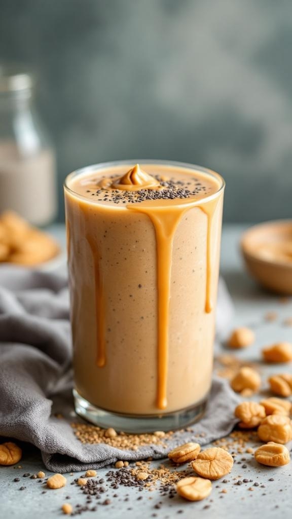 A delicious Peanut Butter Chia Energy Smoothie in a glass with chia seeds and peanuts around it.