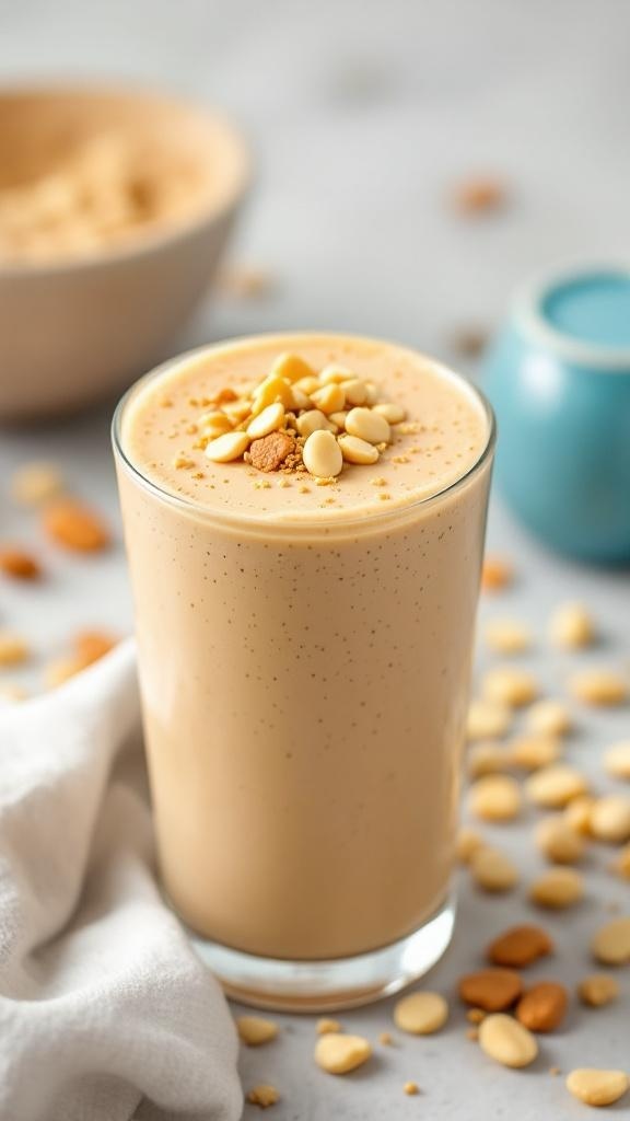 A creamy peanut butter smoothie topped with nuts.