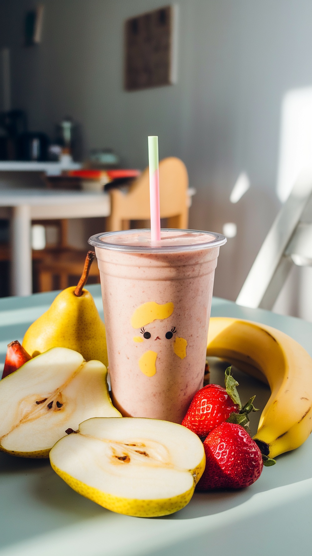A smoothie made with pears and bananas, surrounded by fresh fruit.
