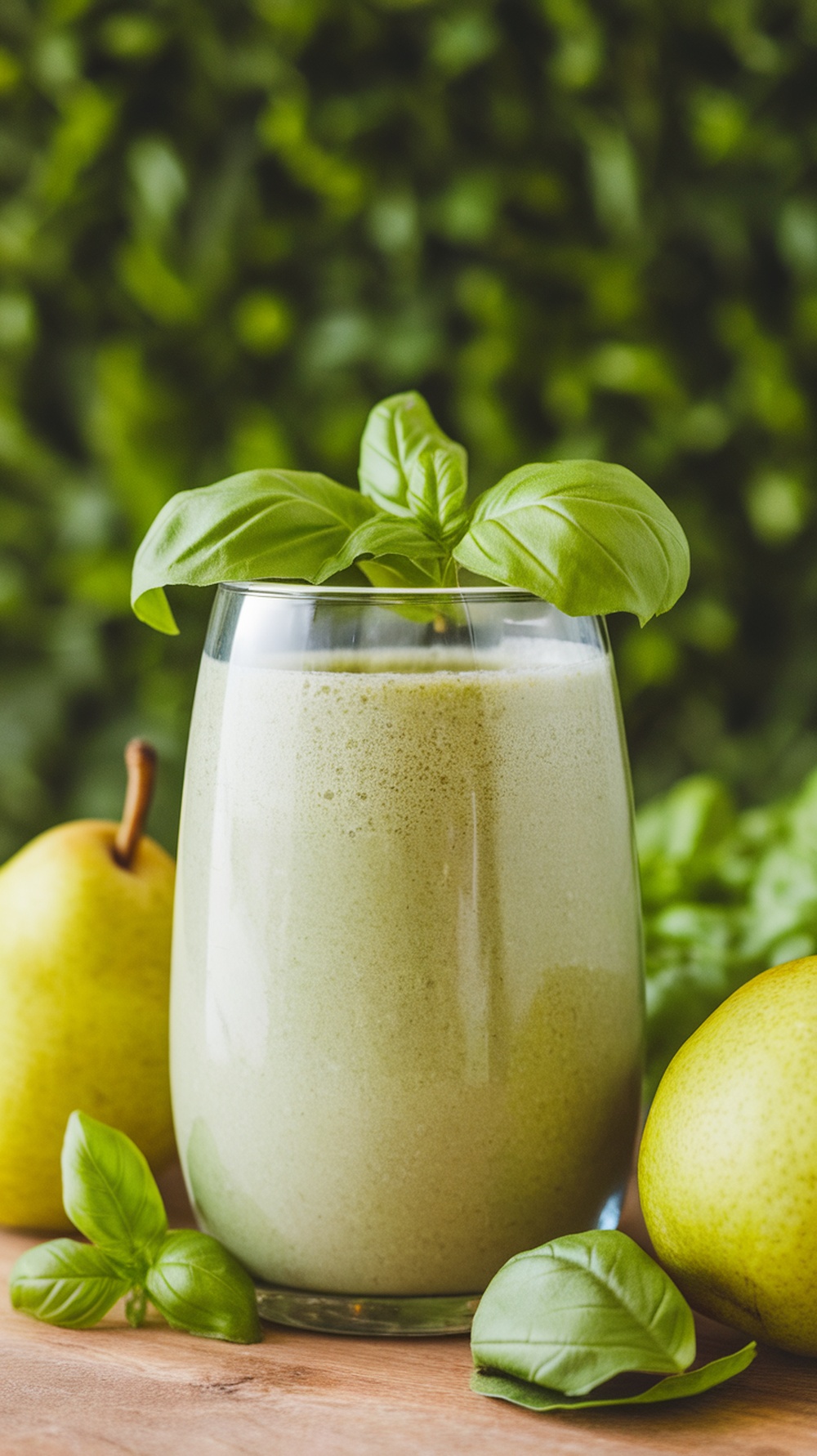 A glass of Pear Basil Glow Smoothie with fresh pears and basil leaves.