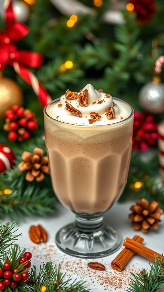 A festive pecan pie holiday smoothie topped with whipped cream and pecans, surrounded by Christmas decorations.