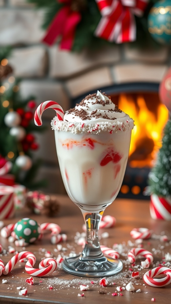 A festive peppermint bark mocktail with whipped cream and candy cane garnish.