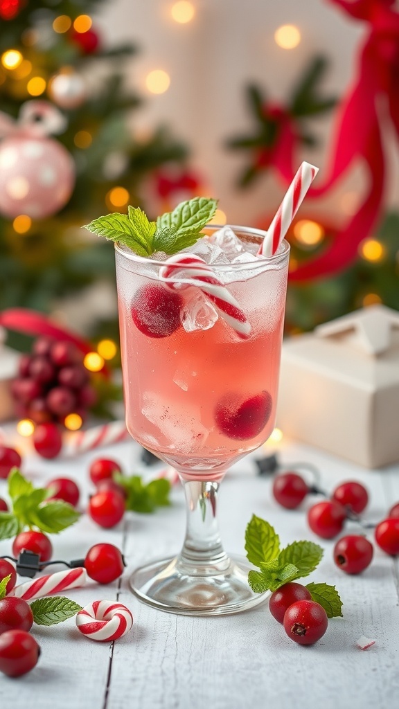 A festive peppermint berry fizz mocktail garnished with mint and surrounded by holiday decorations.