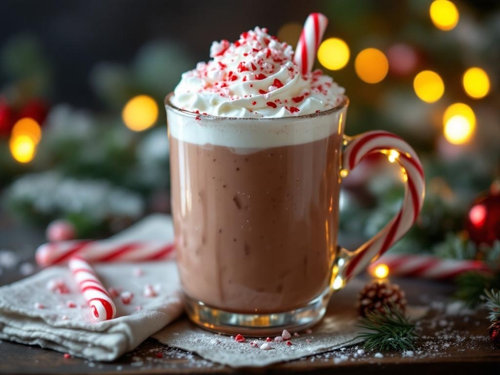 A festive peppermint hot chocolate mocktail topped with whipped cream and crushed candy canes.