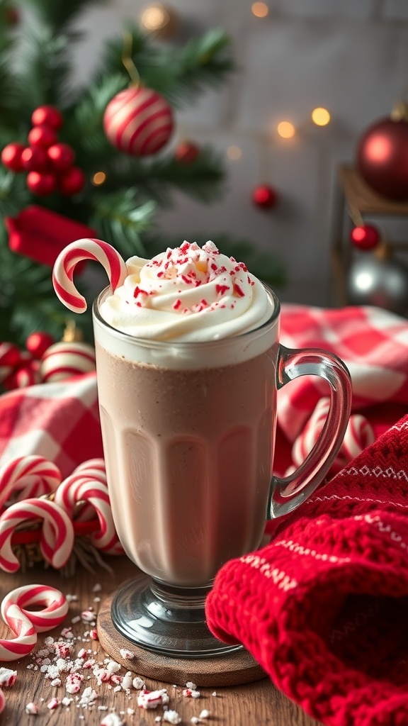 A festive peppermint hot cocoa smoothie topped with whipped cream and crushed candy canes, surrounded by holiday decorations.