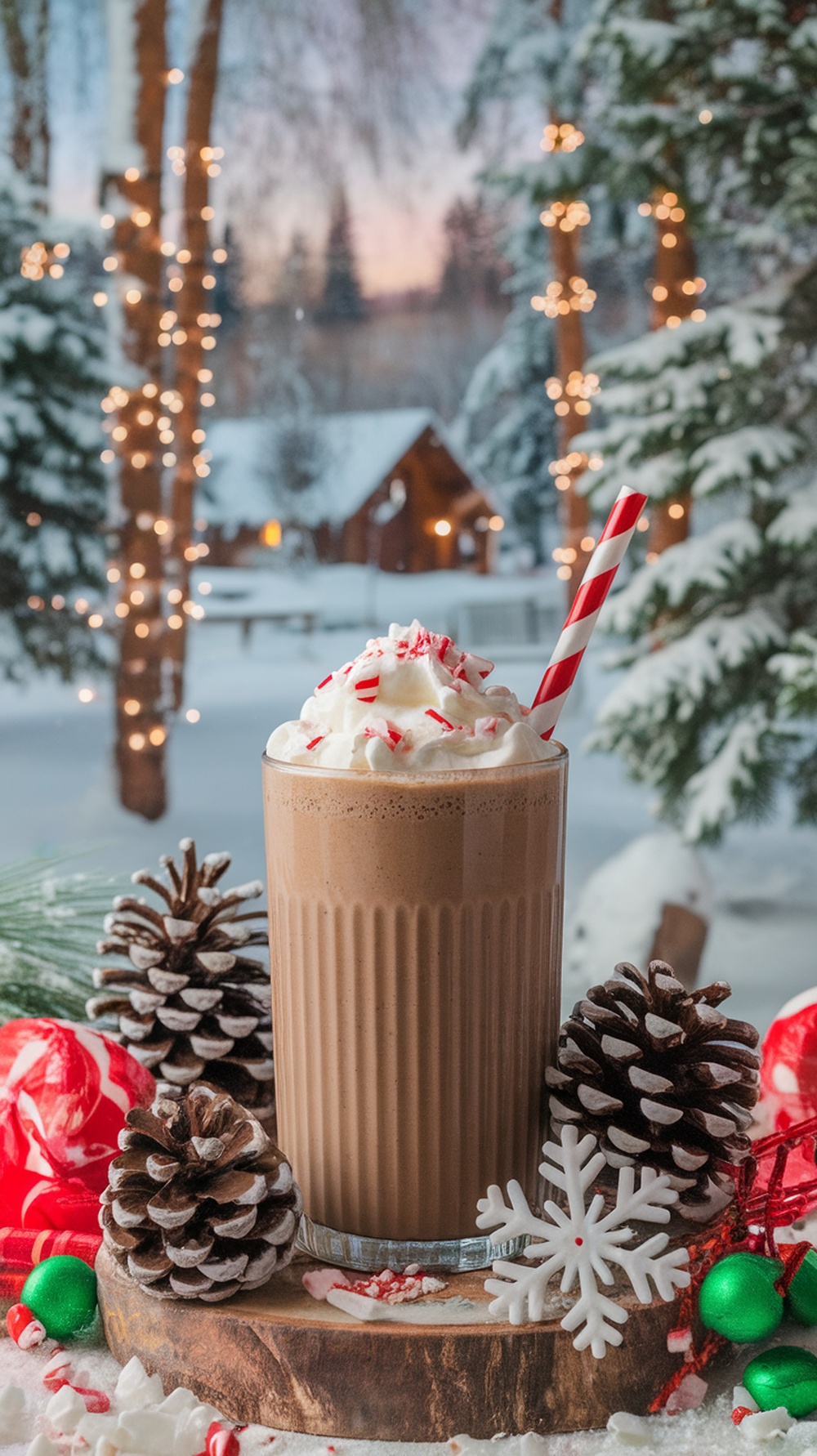 A Peppermint Mocha Bliss Smoothie topped with whipped cream and peppermint pieces, surrounded by pinecones and holiday decorations.
