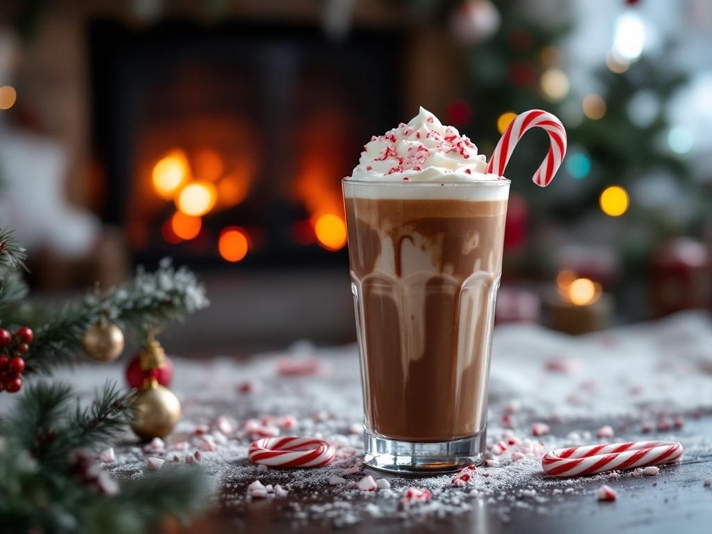 A glass of Peppermint Mocha Mocktail with whipped cream and a candy cane, set against a festive background.
