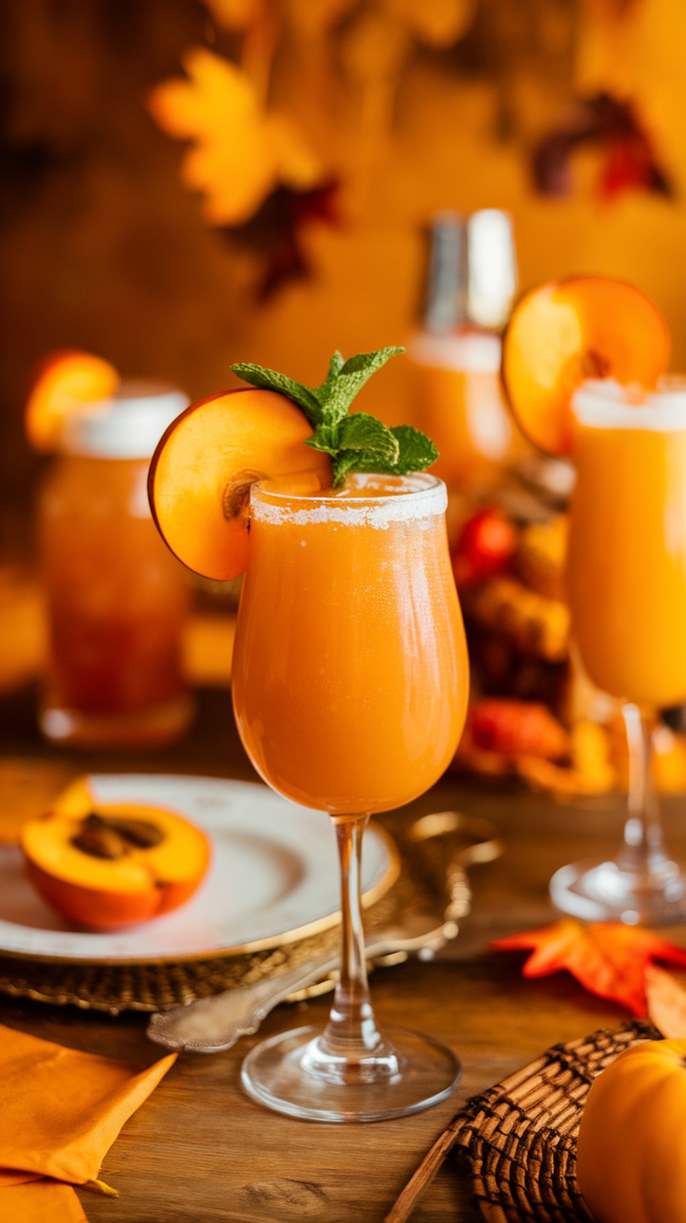 A vibrant Persimmon Sparkler Mocktail garnished with a slice of persimmon and mint leaves, set against a warm autumn backdrop.