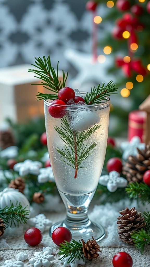 A festive Pine Needle Spritz Mocktail garnished with pine needles and red berries.