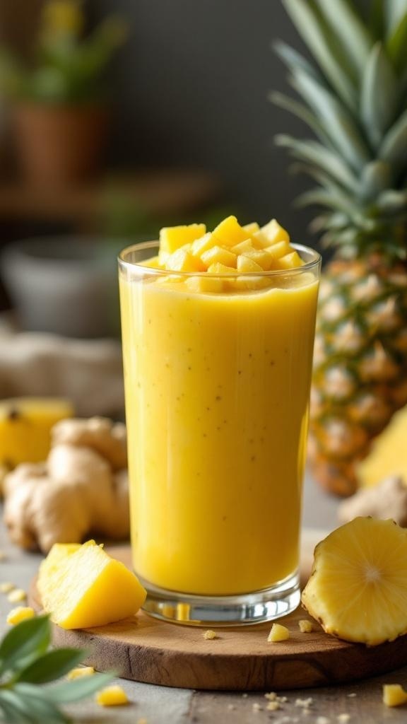 A vibrant Pineapple Ginger Energizer Smoothie in a glass, topped with fresh pineapple chunks.