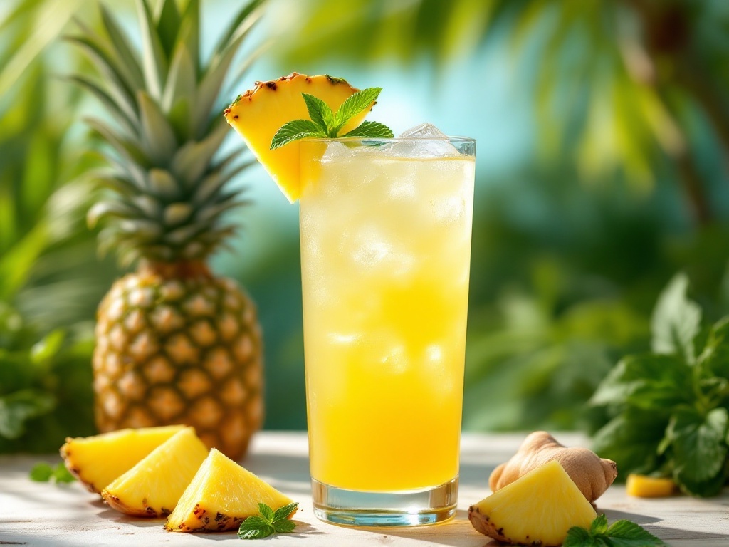 A refreshing pineapple ginger mocktail with ice and garnished with a pineapple slice and mint leaves.