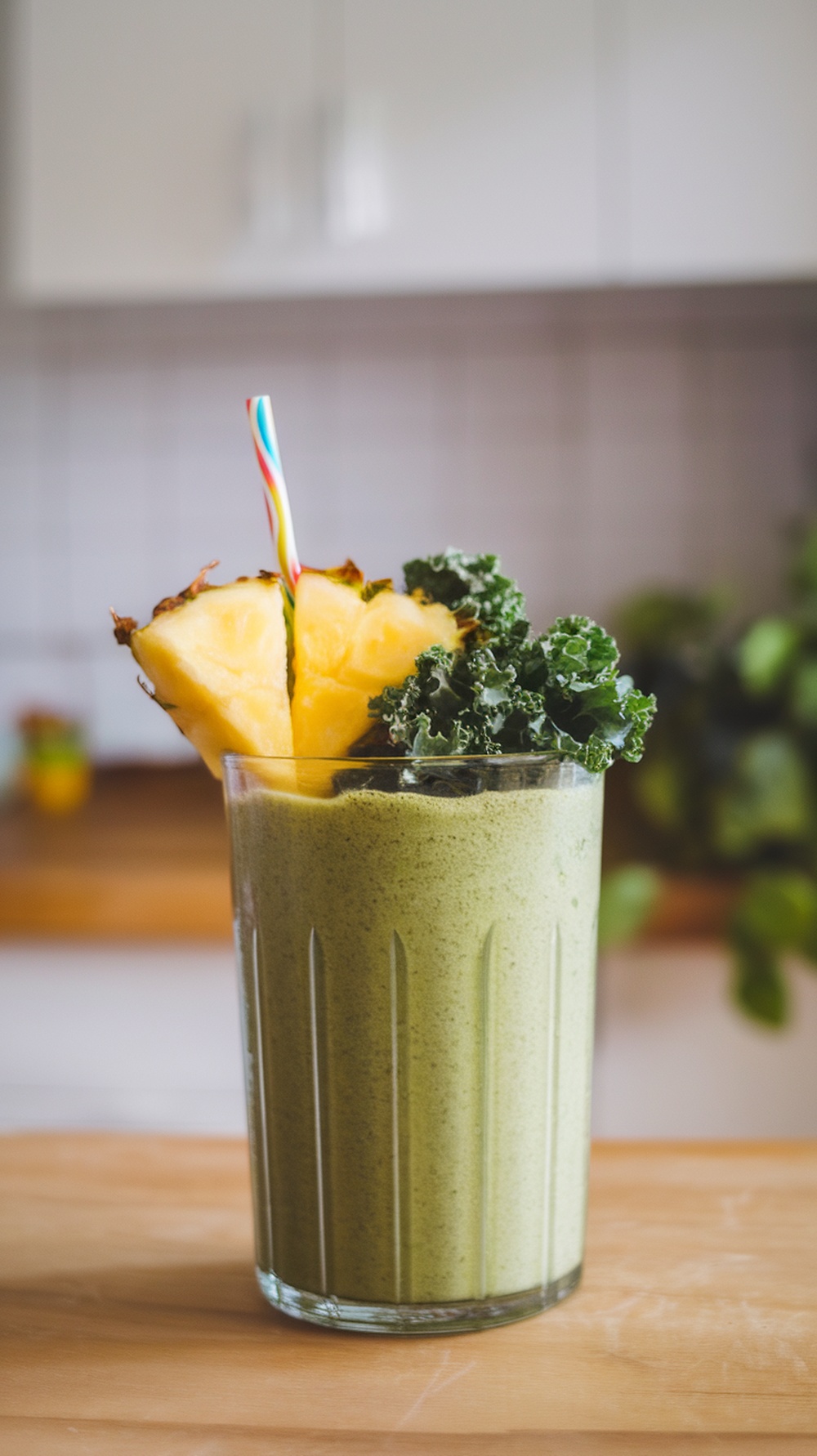 A refreshing green smoothie with pineapple and kale garnished with a straw