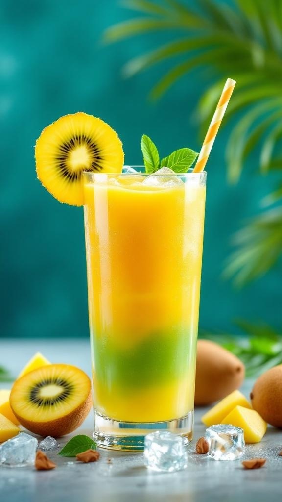 A vibrant Pineapple Kiwi Mango Mocktail garnished with a slice of kiwi and mint leaves.