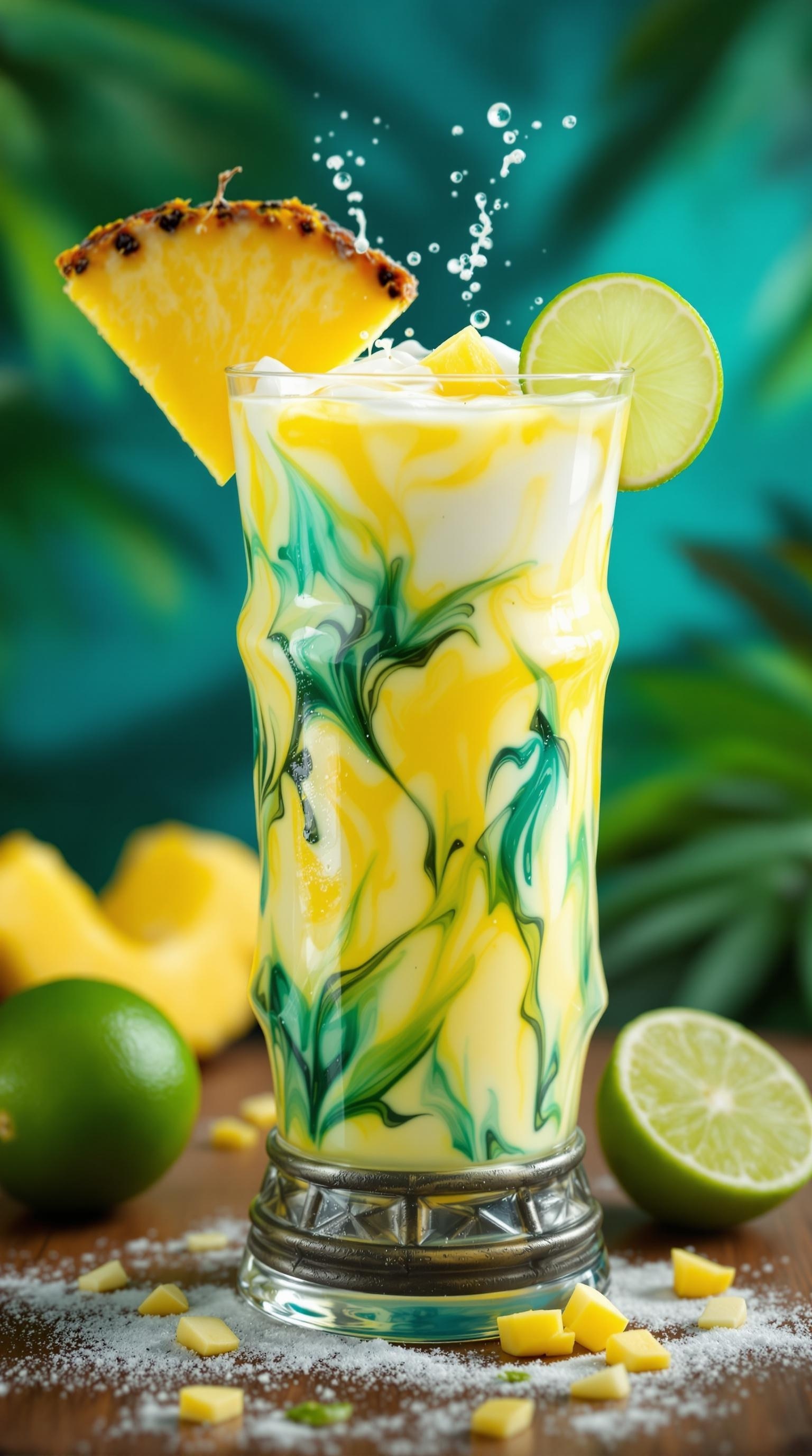 A colorful Pineapple Lime Lava Flow Mocktail garnished with pineapple and lime slices.