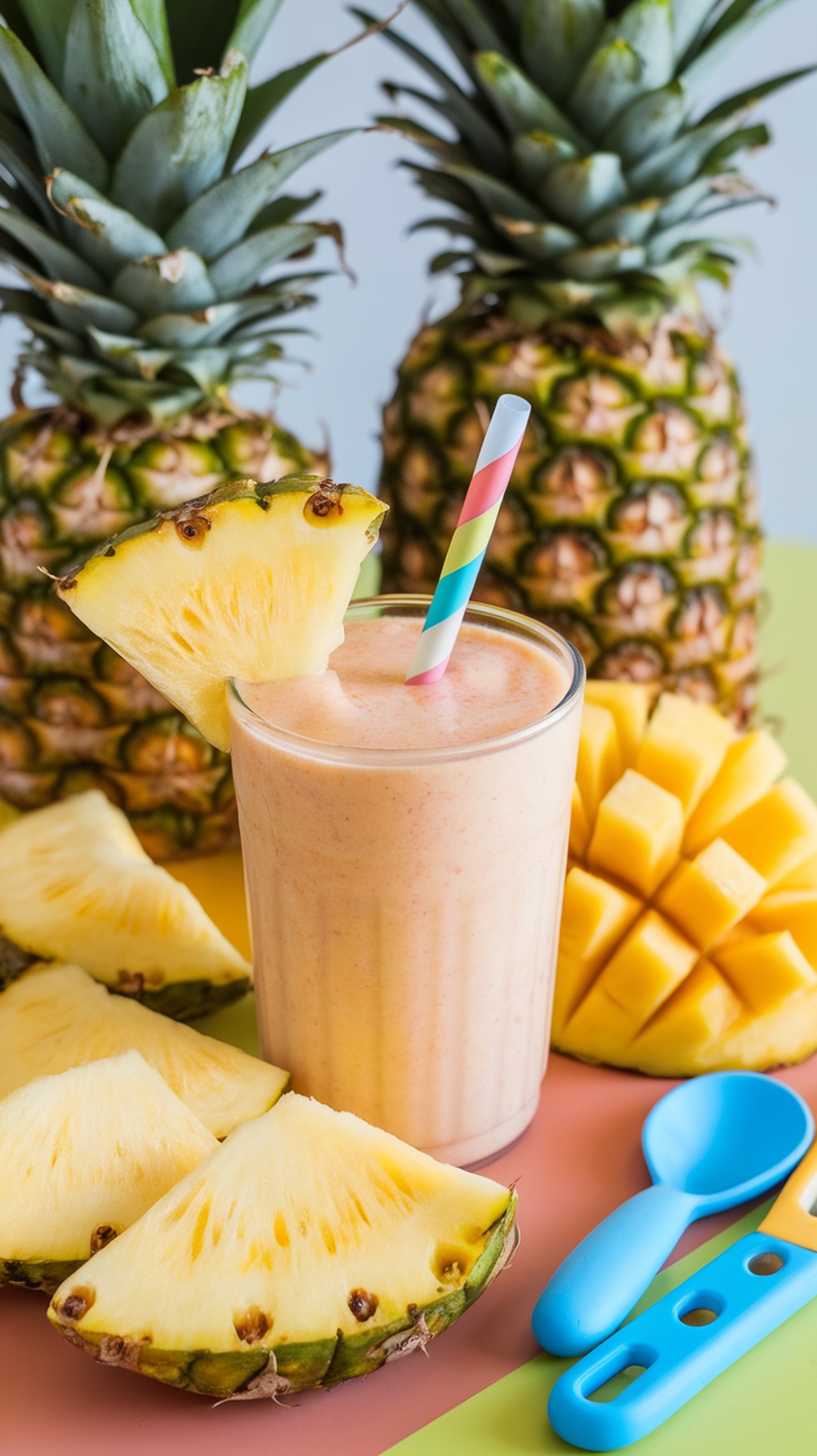 A refreshing pineapple mango smoothie with a colorful straw, surrounded by fresh pineapple and mango slices.